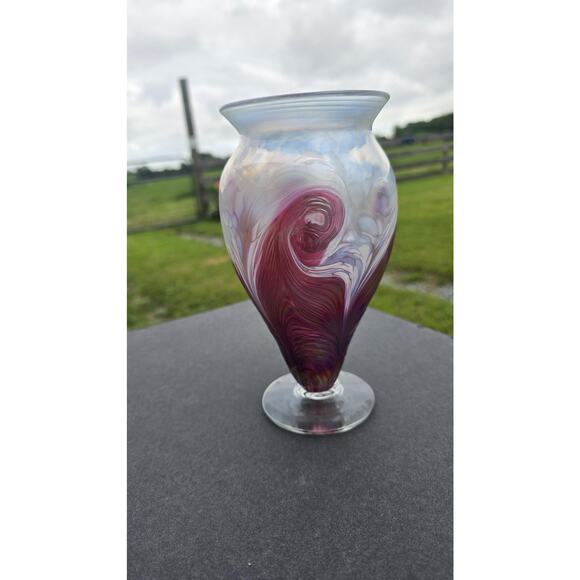 Ron Hinkle Art Glass Vase 2006 Iridescent Swirl Pedestal Signed Handmade Decor - Picture 3 of 12